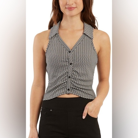 NWT BCX Black & White Stretch Ruched Sleeveless Polo Blouse Top Gingham Medium - Picture 1 of 8